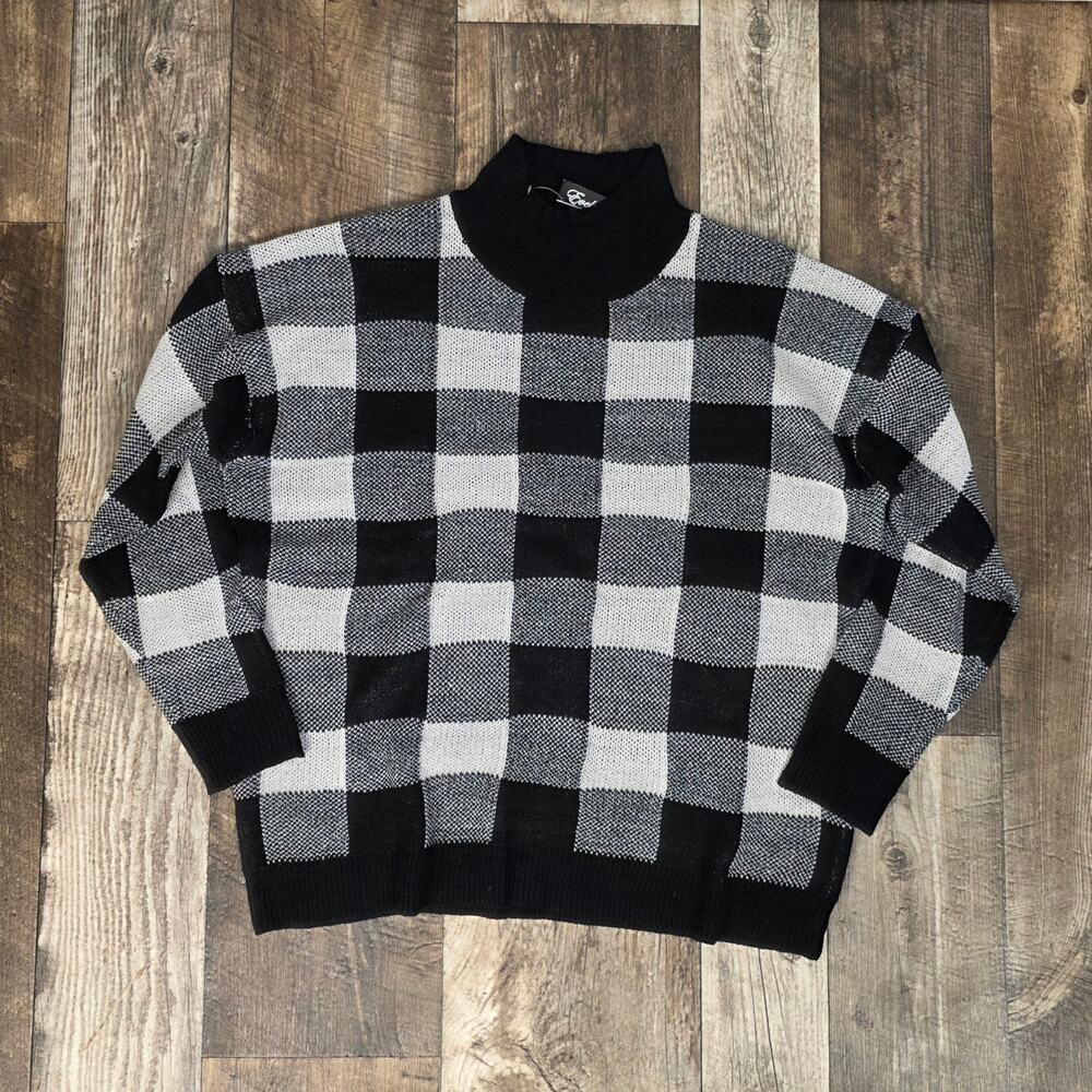 Black White Buffalo Plaid Mock Neck Sweater Plus Size 2X Academia Fall Cabin